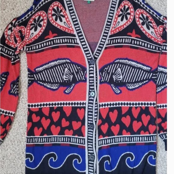 Farm Rio Navy Mix Oversized Fish Print Front Buttons Cardigan size XS - Picture 7 of 7